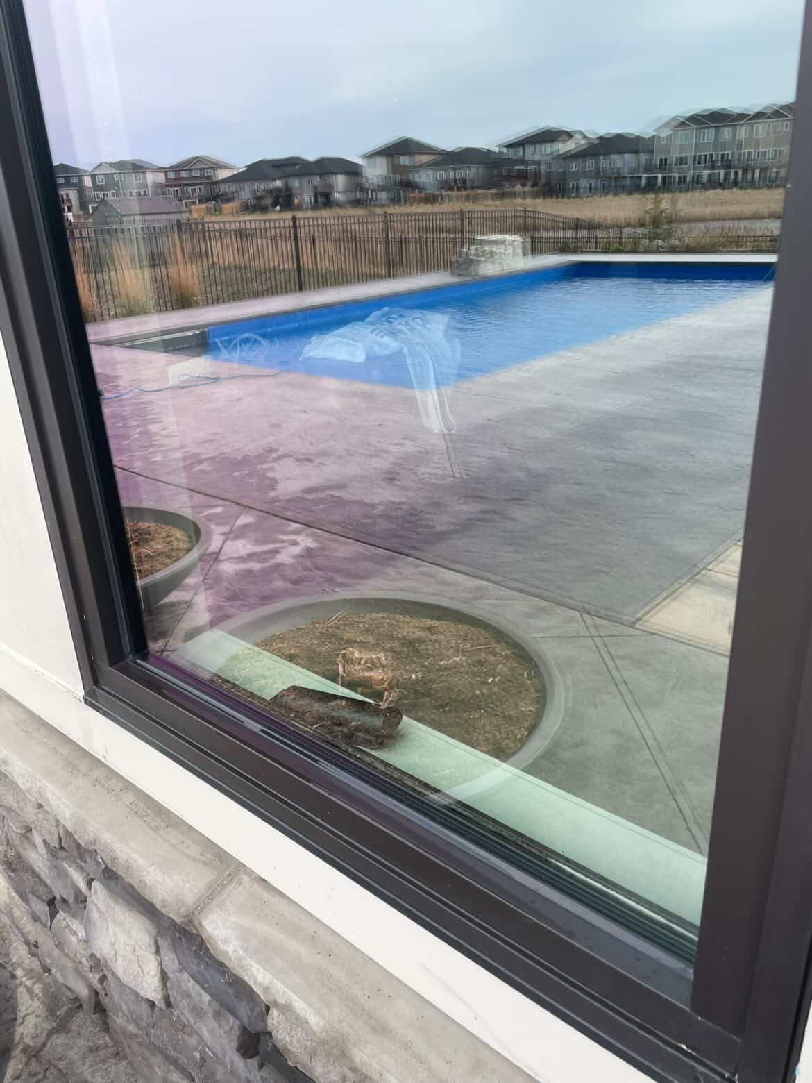 Crystal-clear window with a backyard pool view